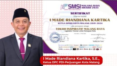 Penghargaan SMSI Malang Raya Award 2025 Kategori Legislator Visioner Kemajuan Kota Malang Untuk I Made Riandiana Kartika