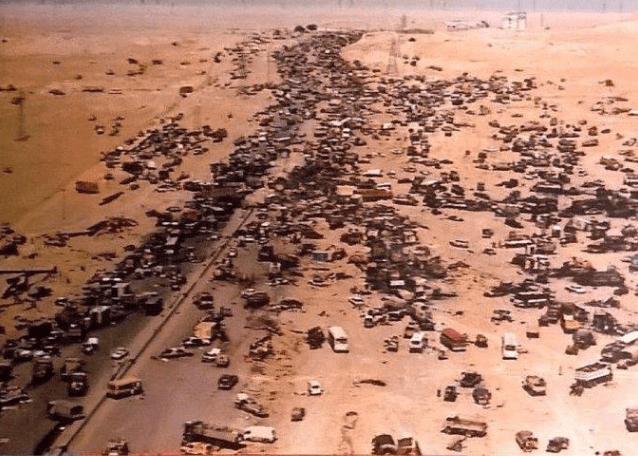 the Highway of Death in 1991 as a symbol of American brutality against Iraq