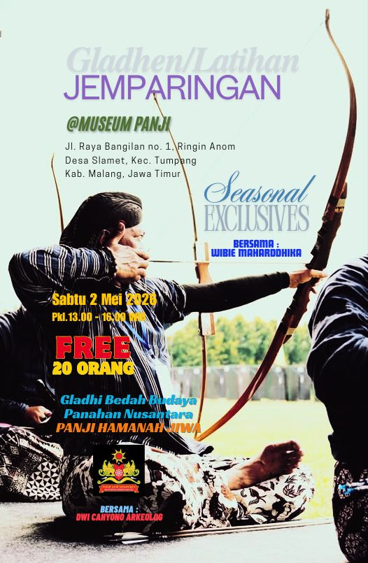 Poster Gladhen Jemparingan Panji Hamanah Jiwa di Museum Panji Tumpang Malang dalam rangka Hari Pendidikan Nasional 2 Mei 2026.